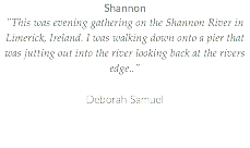 Shannon "This was evening gathering on the Shannon River in Limerick, Ireland. I was walking down onto a pier that was jutting out into the river looking back at the rivers edge.." Deborah Samuel